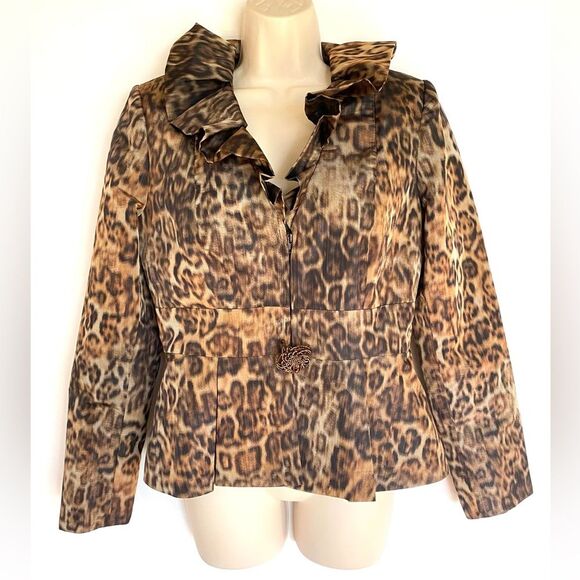 ZELDA Brown Leopard Print Ruffle Collar Jacket 4 - Picture 6 of 10